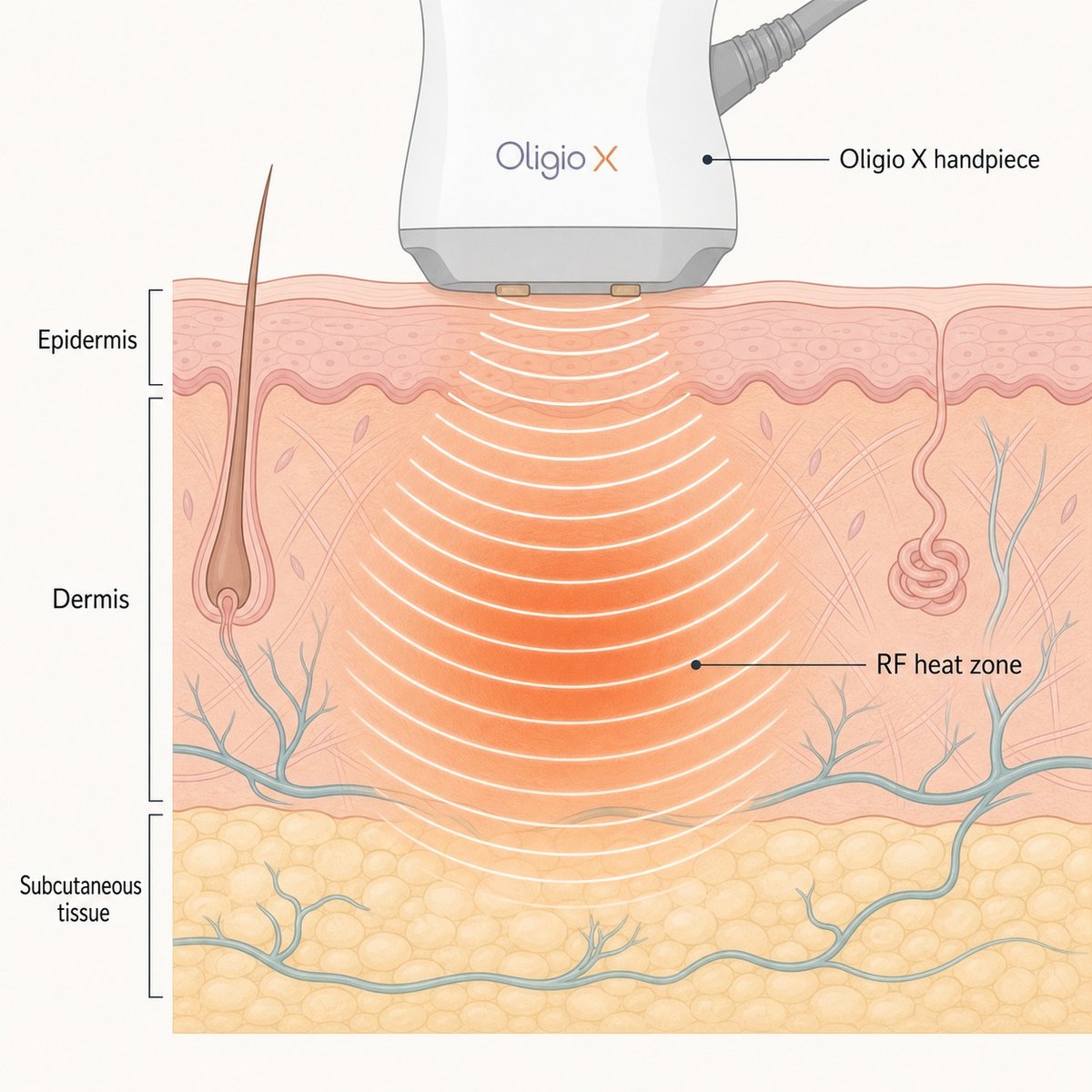 Diagram showing how Oligio X monopolar RF energy heats the dermis and subcutaneous layer to stimulate collagen
