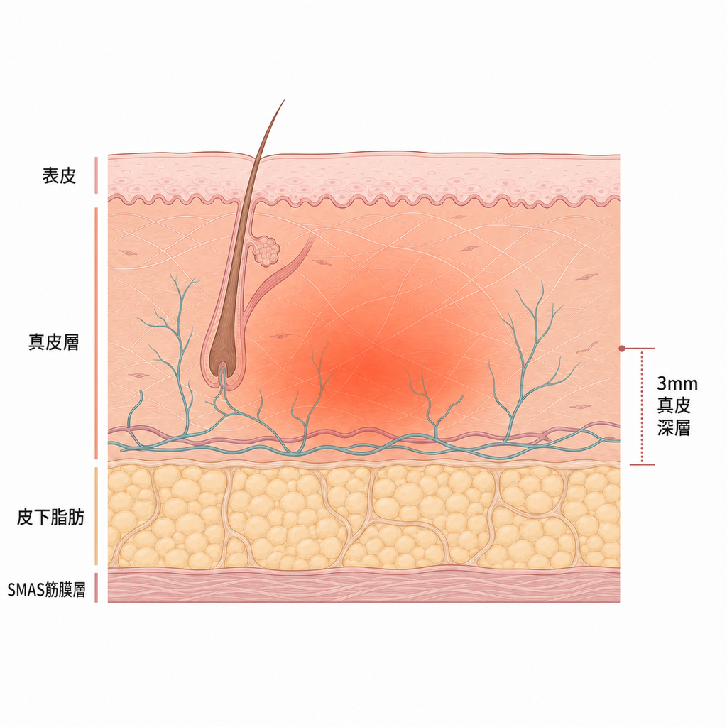 射頻熱能到達的皮膚層截面示意圖