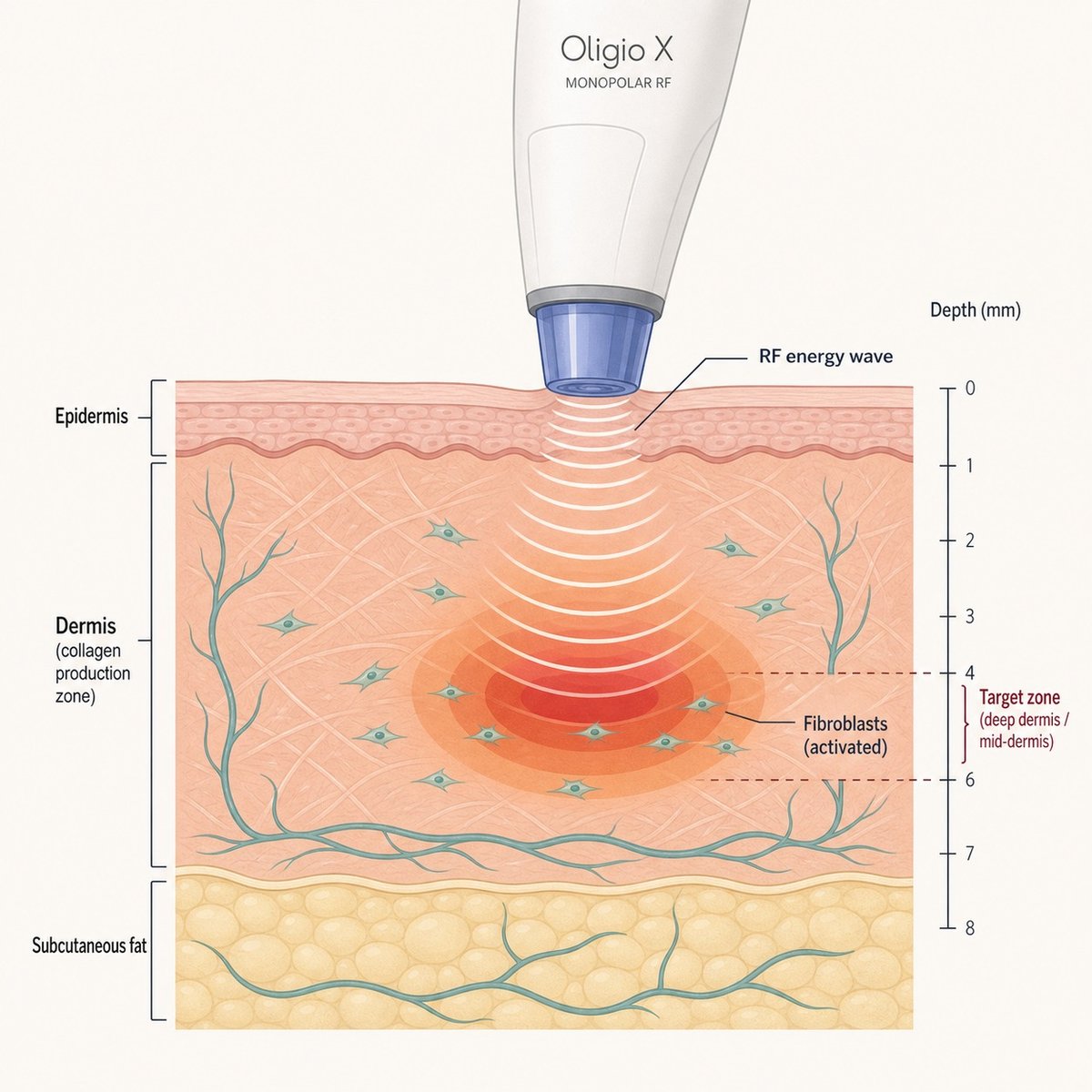 Monopolar RF energy reaches the dermis, activating fibroblasts to rebuild collagen from within.