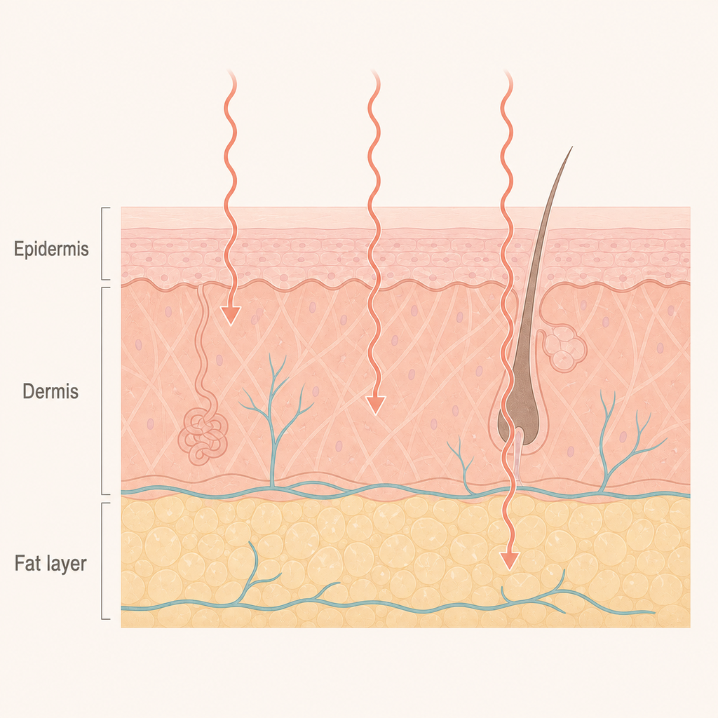 Cross-section illustration showing heat reaching the epidermis, Dermis, and fat layer