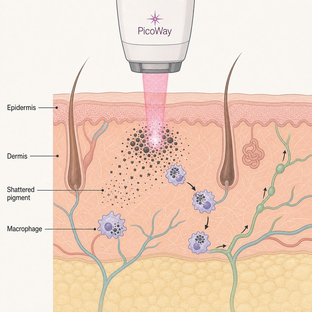 Cross-section showing PicoWay shattering tattoo ink and immune cells clearing the fragments
