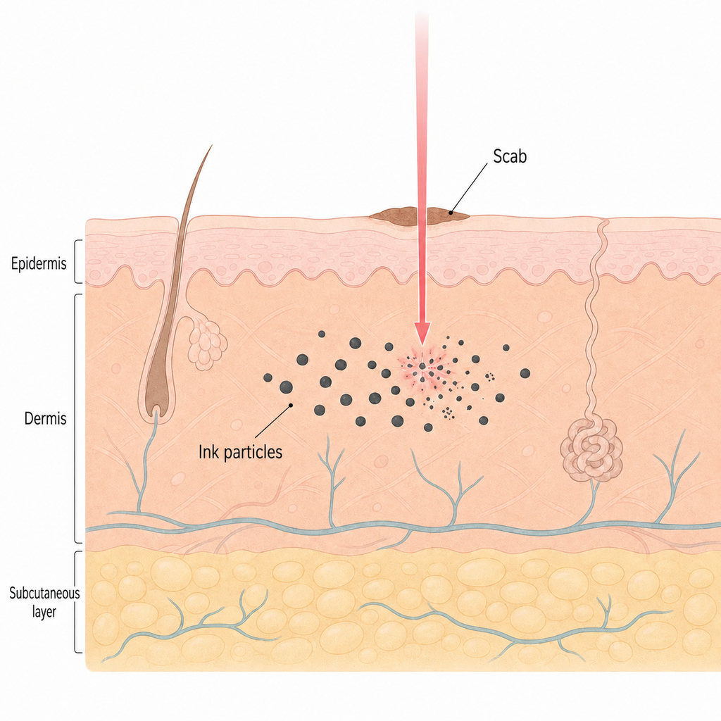 PicoWay laser shattering ink particles embedded in the dermis