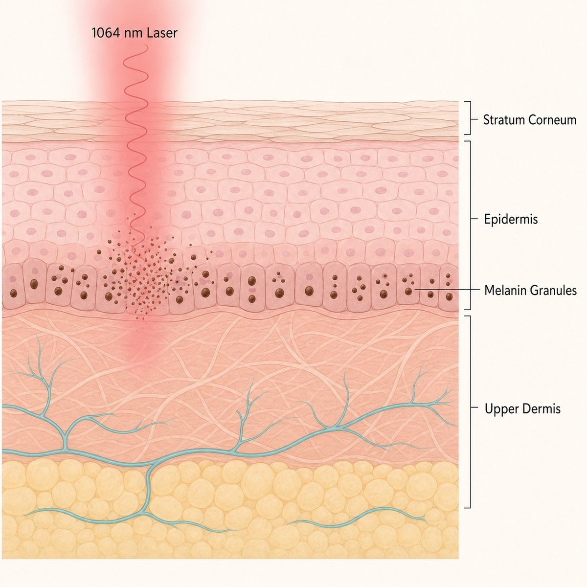 Skin cross-section diagram showing 1064 nm laser toning beam targeting melanin granules in the epidermis and upper dermis