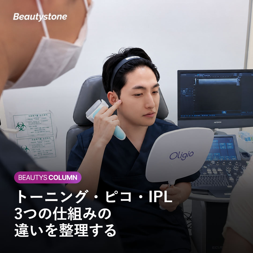 レーザートーニング・ピコレーザー・IPLの仕組みの違いを示す図解イメージ