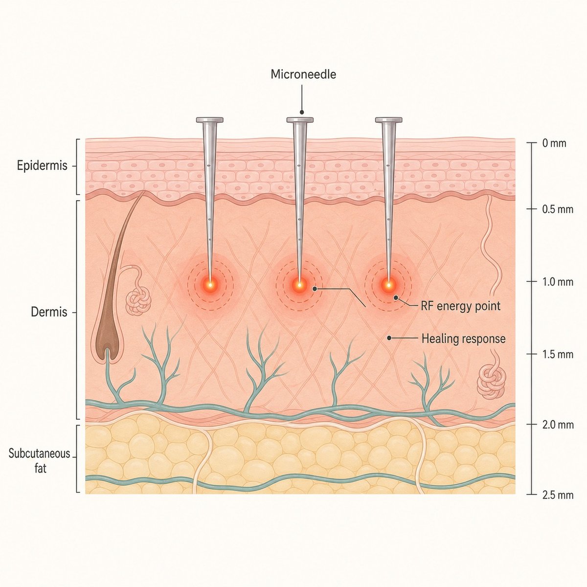 Cross-section illustration of Potenza microneedles delivering RF energy into the dermis
