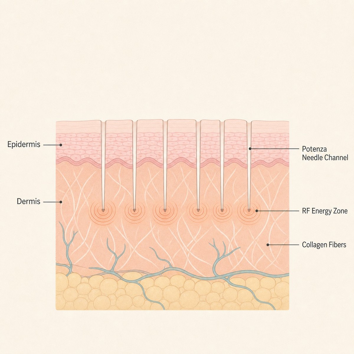 Diagram showing Potenza microneedle RF channels reaching the dermis with radiofrequency energy zones