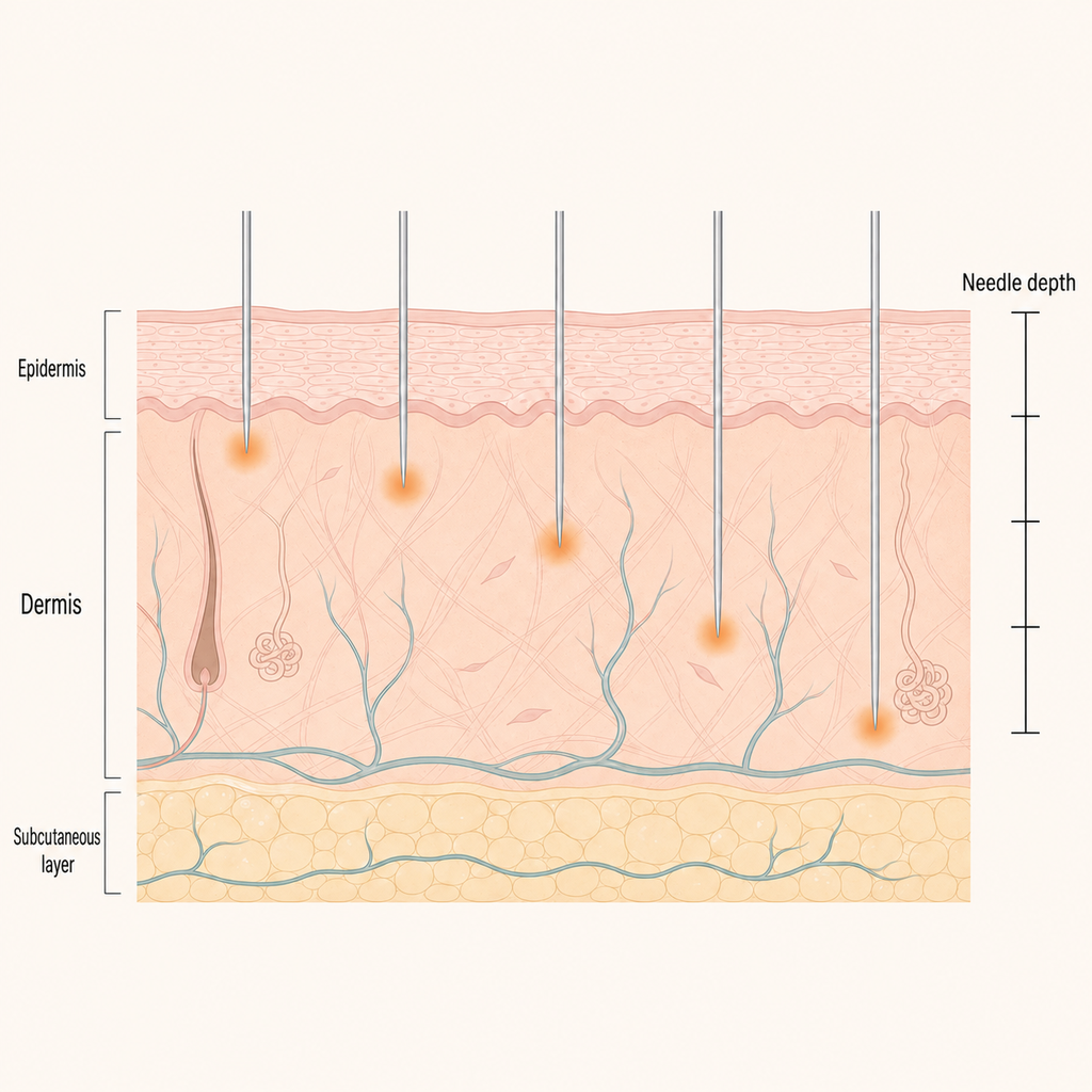 RF heat distributed to upper vs. lower Dermis depending on needle depth