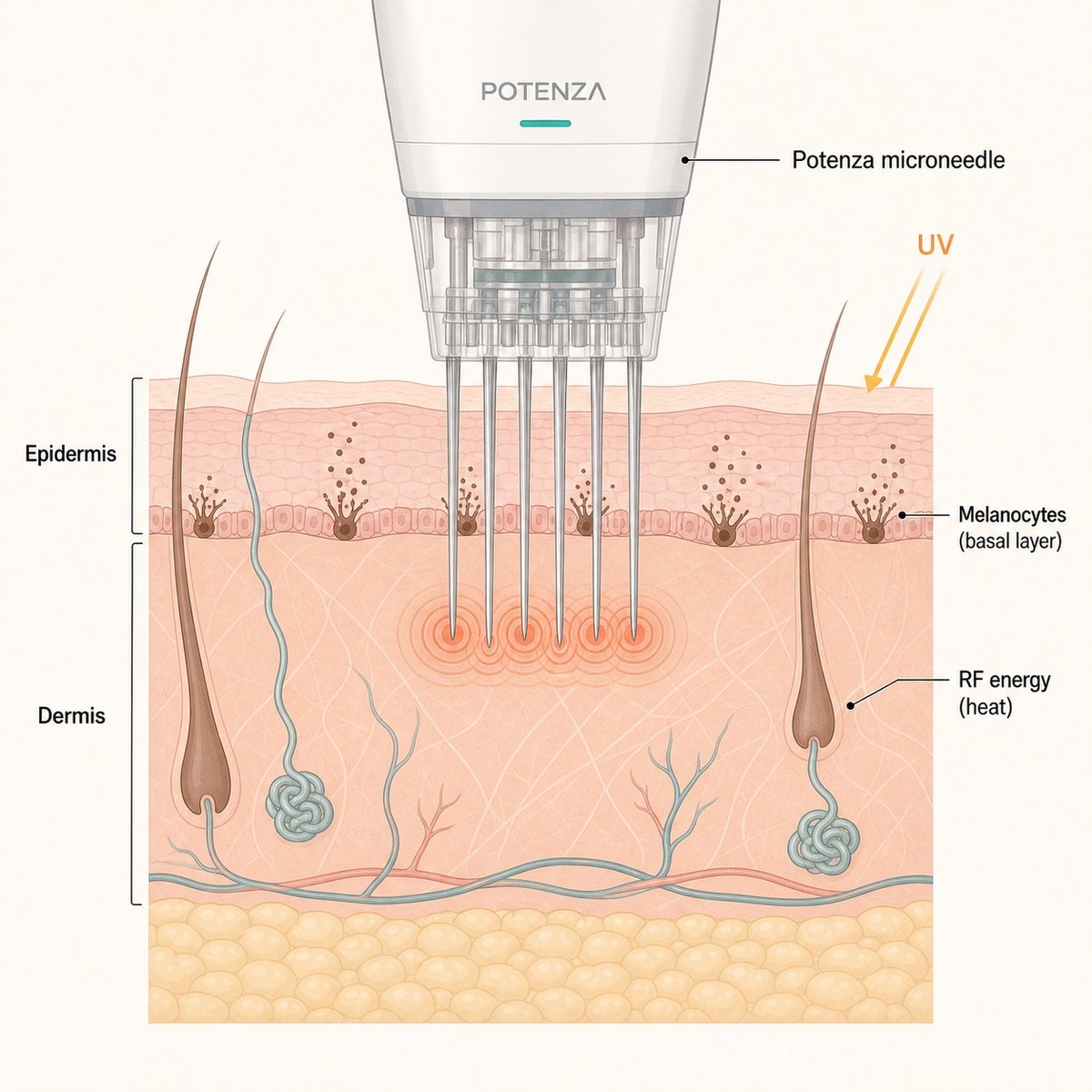 Two triggers at once: RF energy from below and UV from above both push melanocytes toward excess melanin.