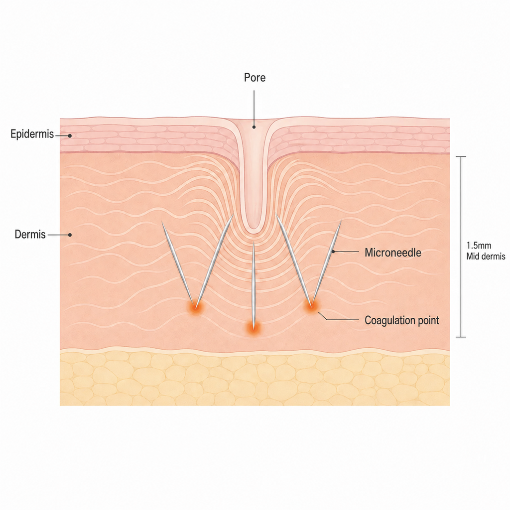 Fine microneedles entering the Dermis and newly formed Collagen gradually tightening the pore walls
