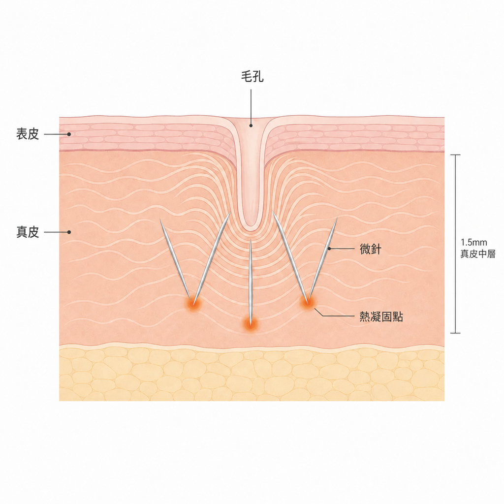 進入真皮層的微針與新生膠原蛋白逐步收縮毛孔壁的示意圖