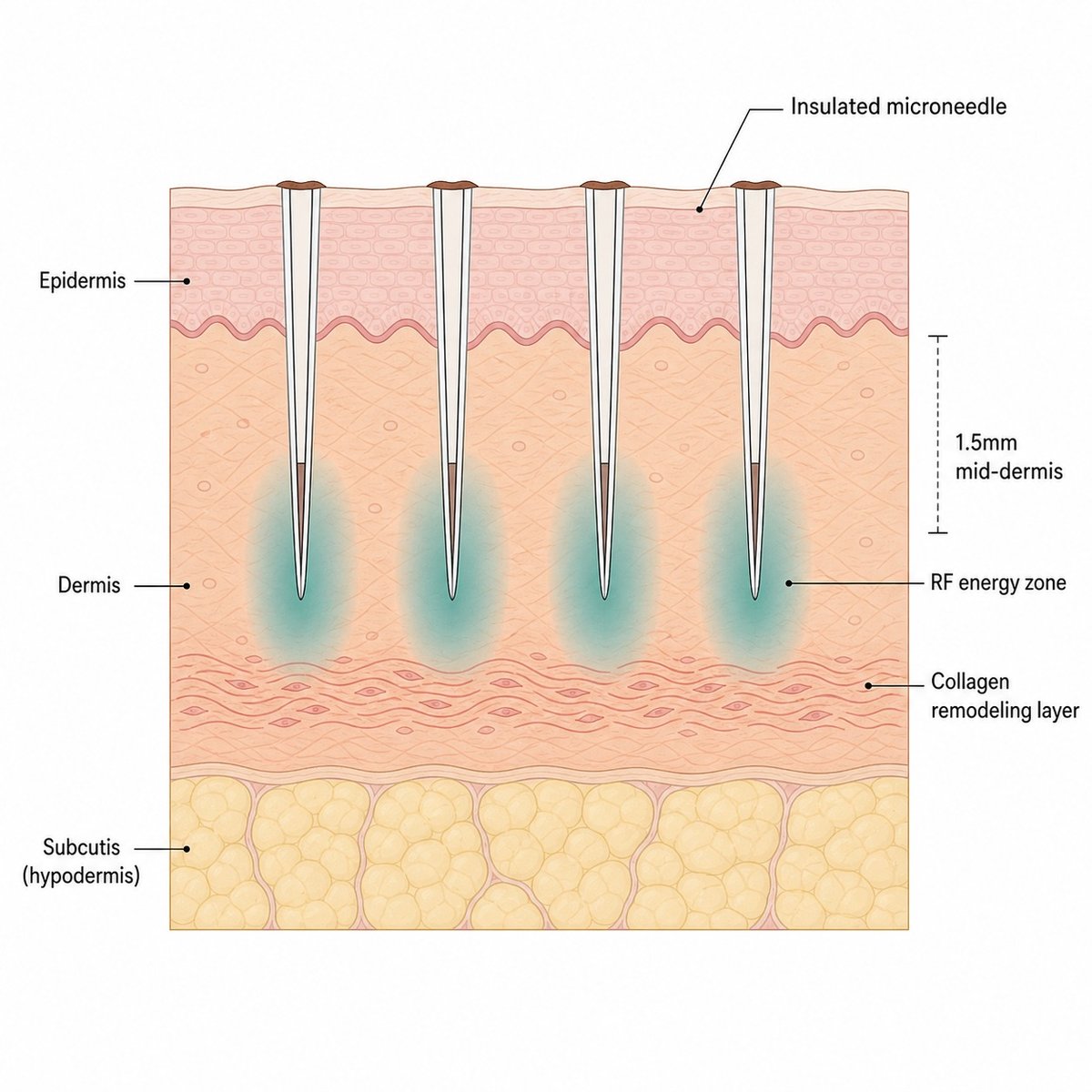 Diagram showing Potenza microneedles delivering RF energy into the dermis, with micro-crust formation at the epidermal entry points