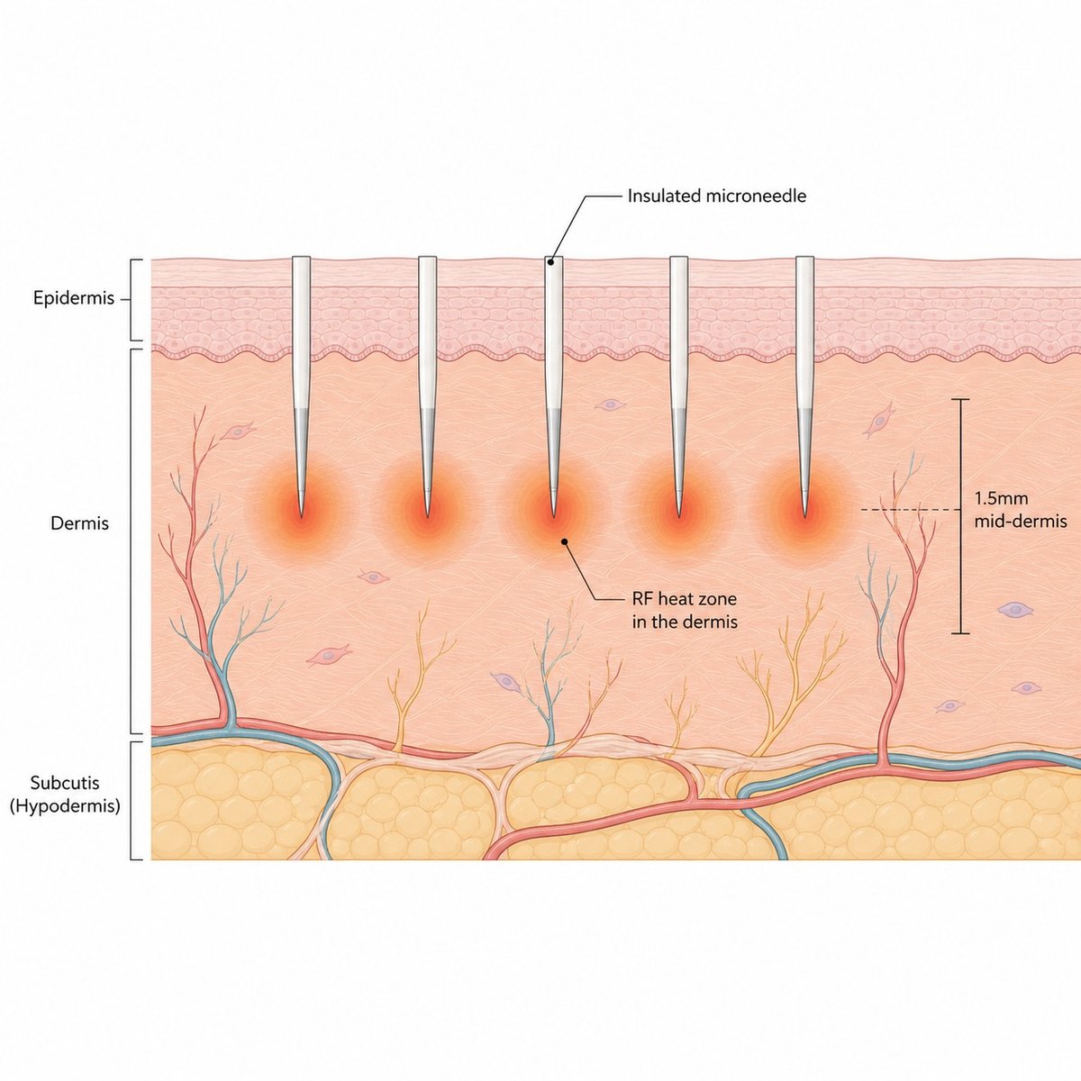 Cross-section illustration showing microneedling RF energy released into the dermis while the epidermis stays comparatively intact