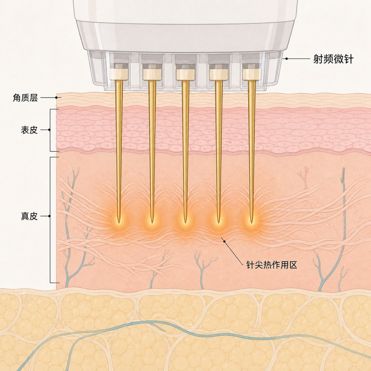 皮肤分层示意图，绝缘微针穿过表皮进入真皮，针尖周围形成射频热作用区