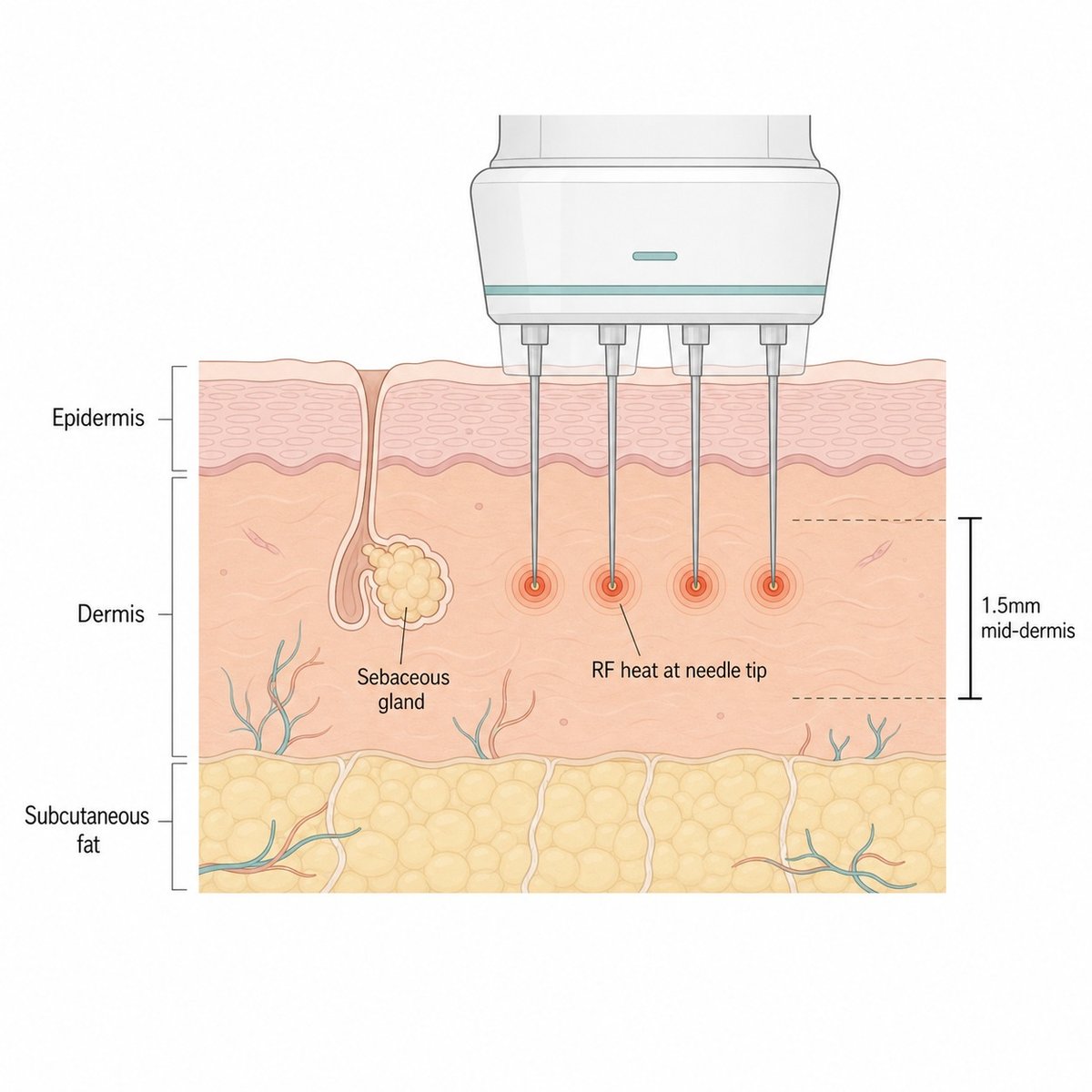 Cross-section illustration of microneedle RF delivering heat into the dermis beside a pore channel