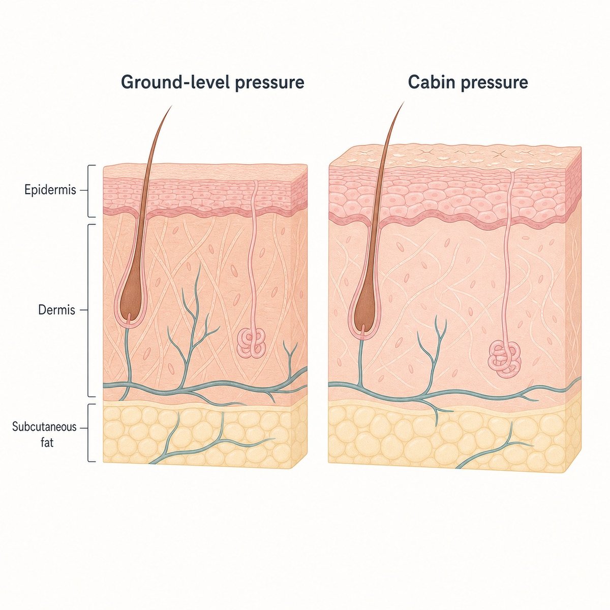 Cross-section comparing ground-level and cabin pressure and how each affects healing skin