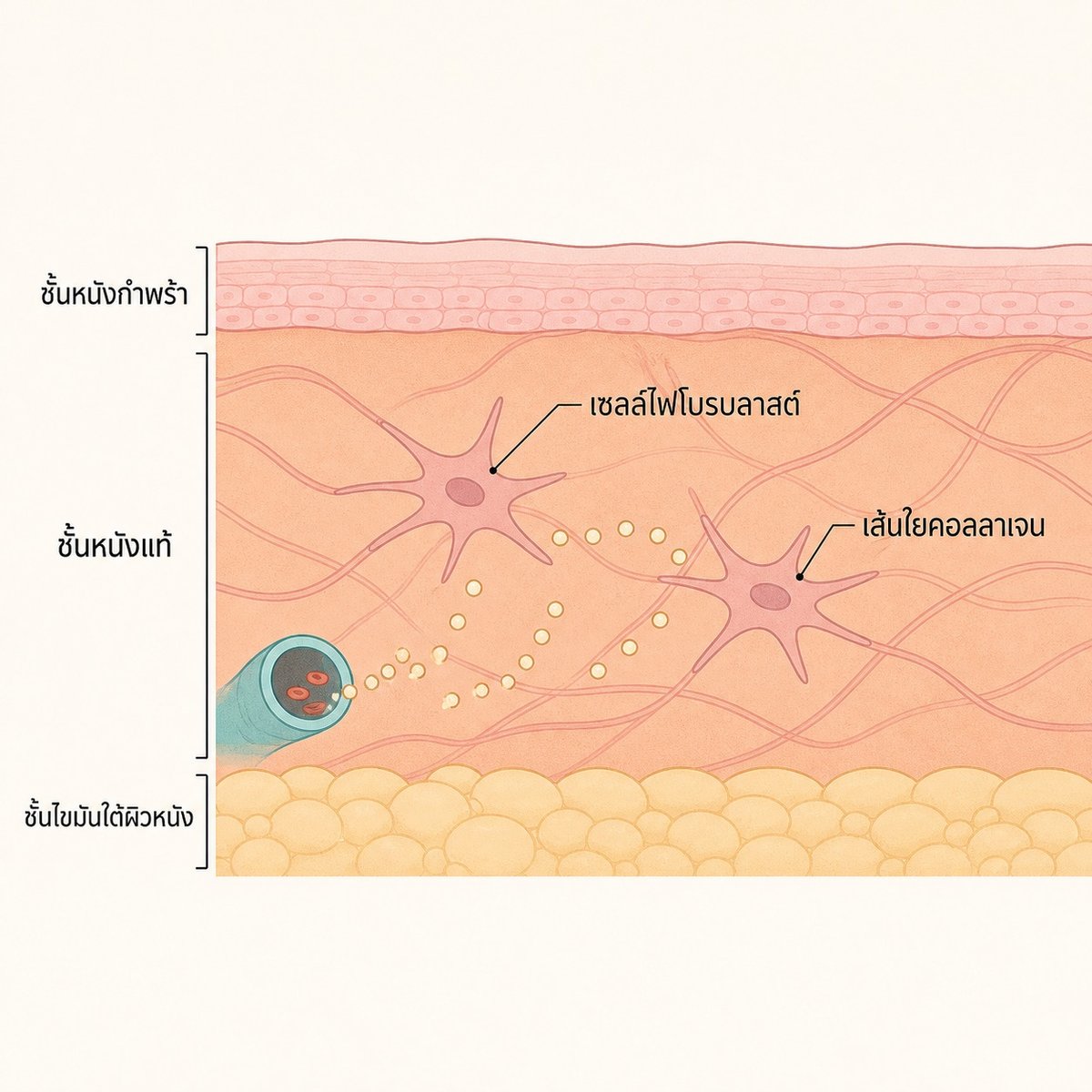 ภาพตัดขวางชั้นผิว แสดงเซลล์ไฟโบรบลาสต์ที่รับกรดอะมิโนไปสร้างเส้นใยคอลลาเจน