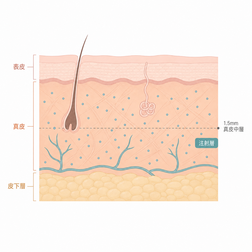 麗珠蘭注射位置示意圖，顯示多核苷酸分佈於真皮層