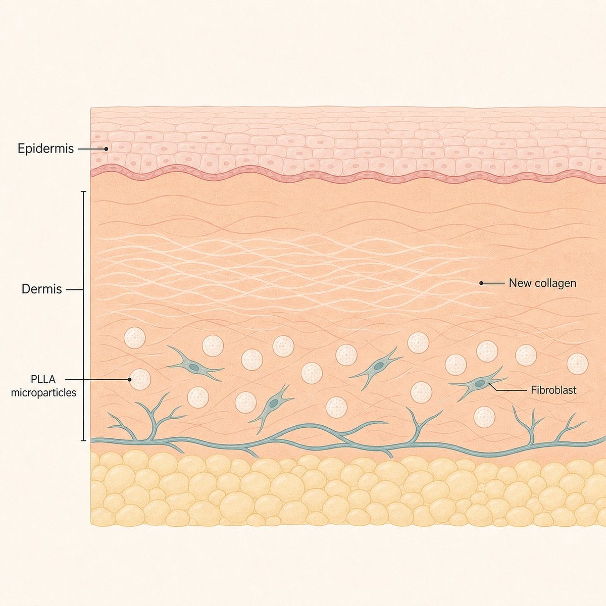 How PLLA microparticles in the dermis prompt fibroblasts to produce new collagen