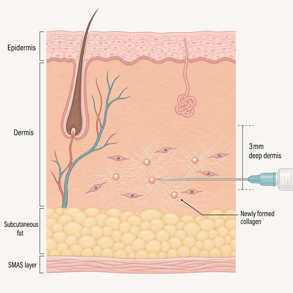 Cross-section of facial skin showing where PLLA microparticles trigger new collagen formation