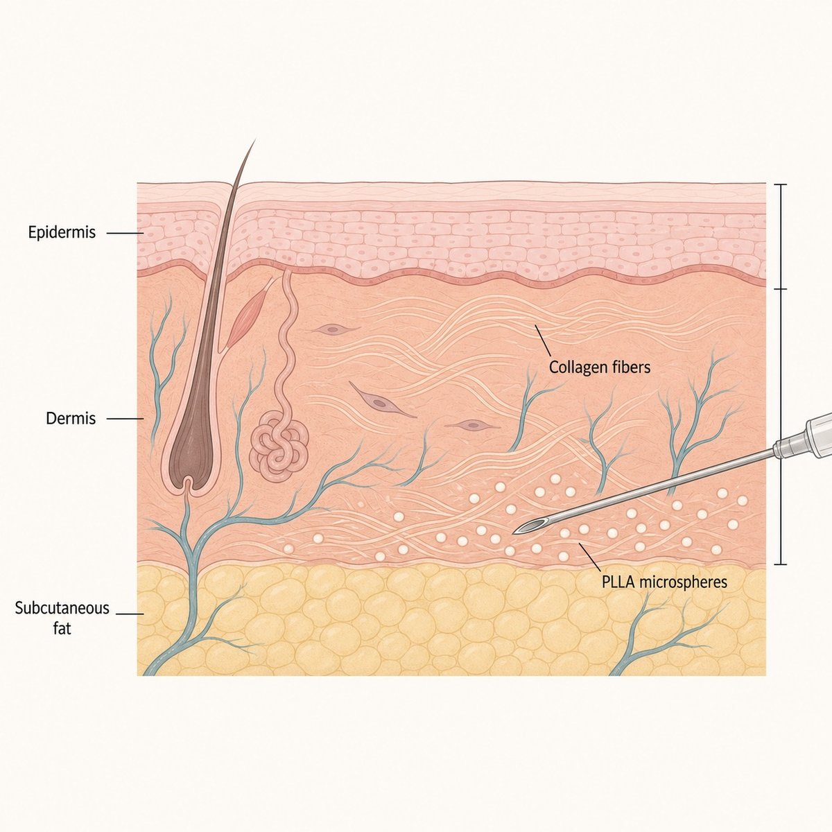 Diagram showing how Sculptra PLLA microspheres sit in the deep dermis and stimulate collagen production in the neck