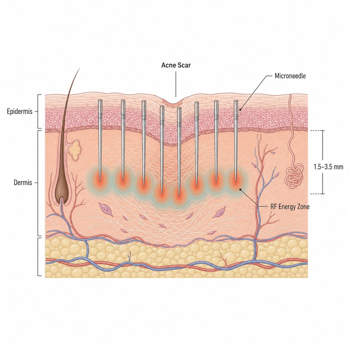 Diagram showing Secret RF microneedles delivering RF energy into the dermis to stimulate collagen remodeling around an acne scar