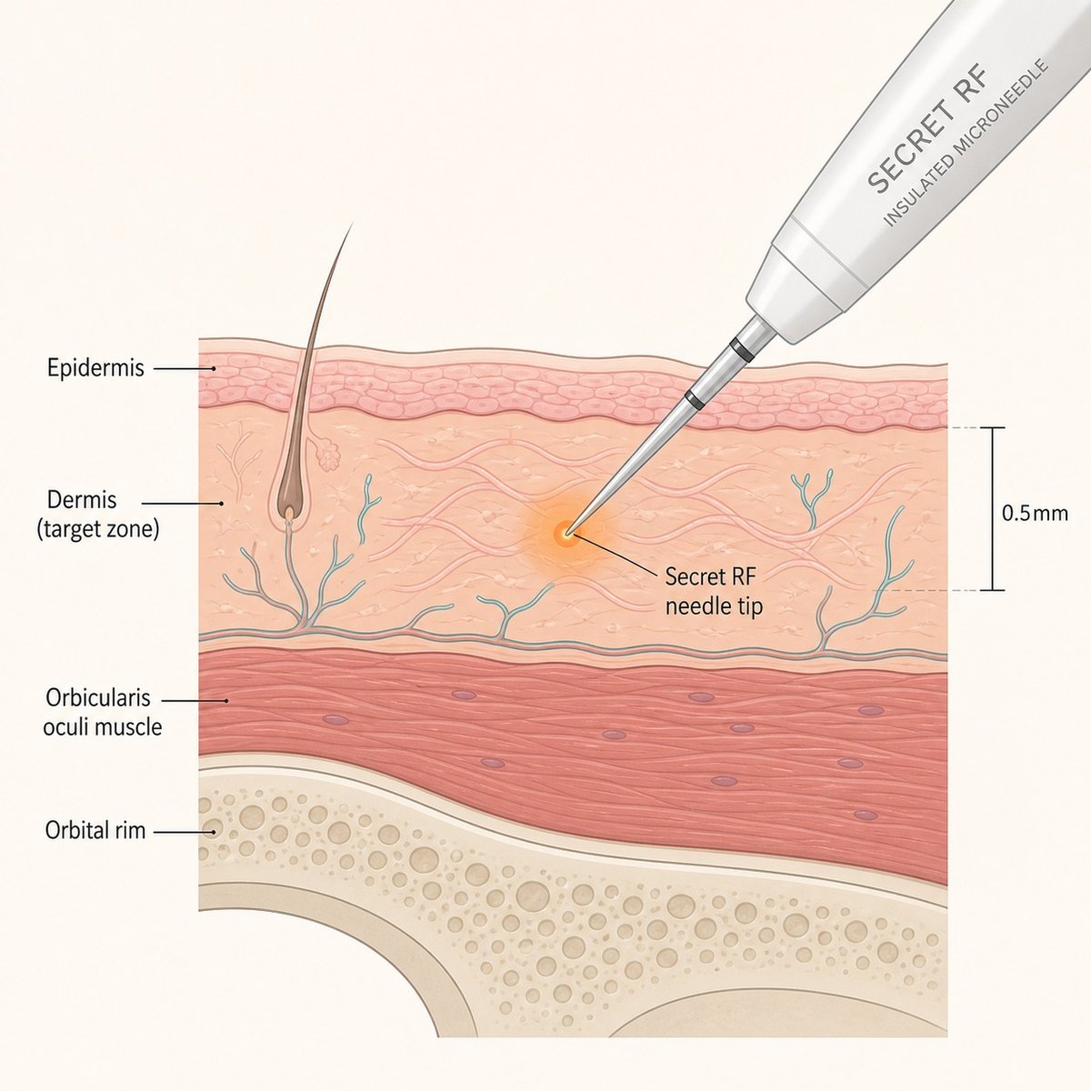 Diagram showing how Secret RF microneedles deliver RF energy into the thin periorbital dermis without reaching underlying muscle or bone