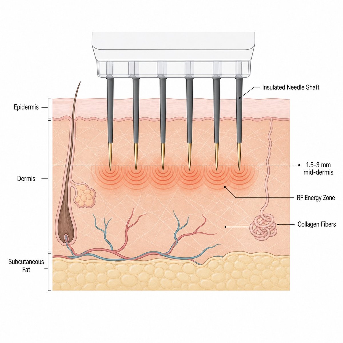 Diagram showing Secret RF insulated microneedles delivering radiofrequency energy into the dermis to stimulate collagen remodeling for scar and pore treatment