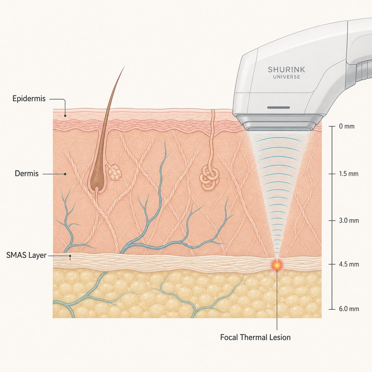 Cross-section diagram showing Shurink Universe HIFU energy penetrating to the SMAS layer at the jaw
