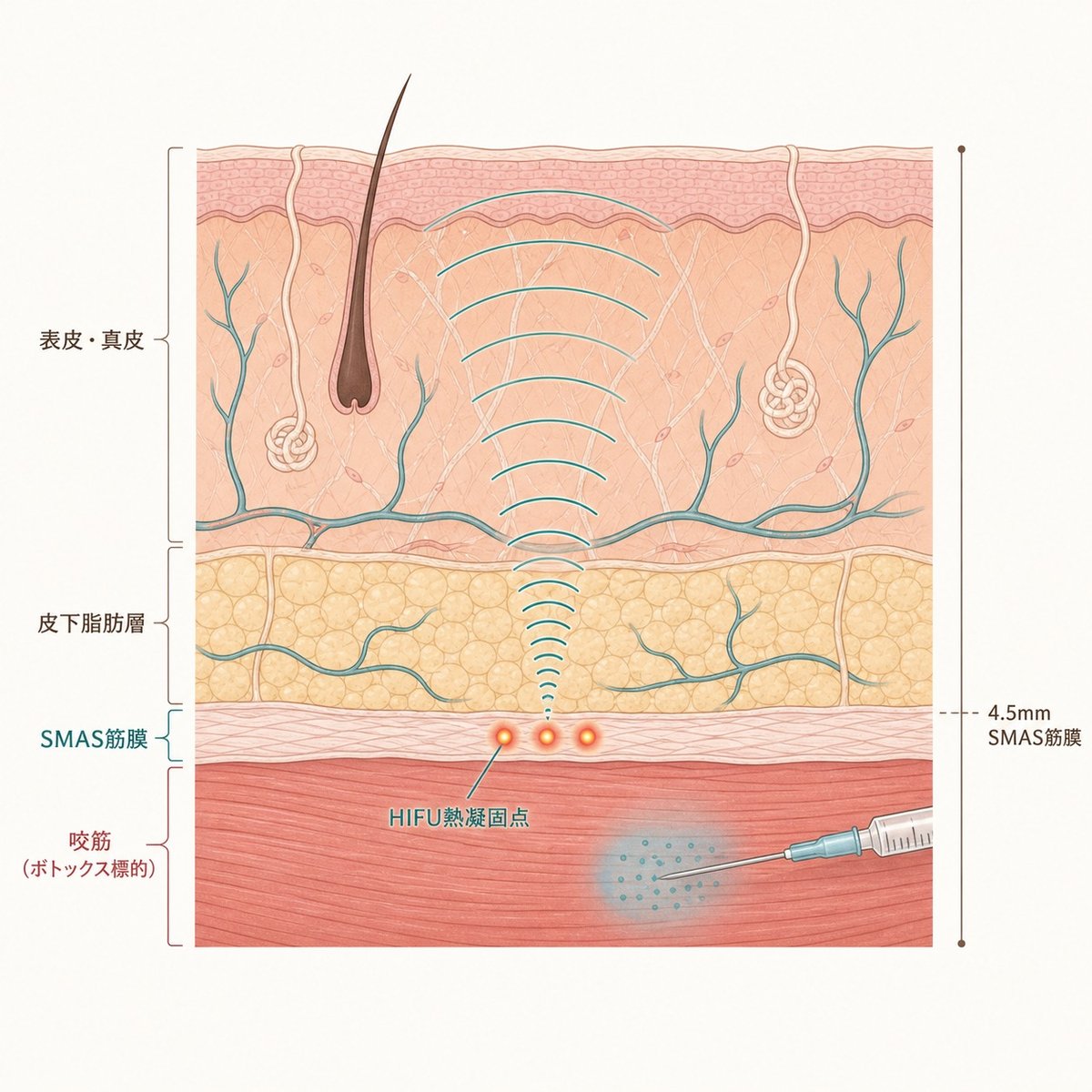 シュリンクユニバース（HIFU）とボトックスの作用層を示した皮膚断面図