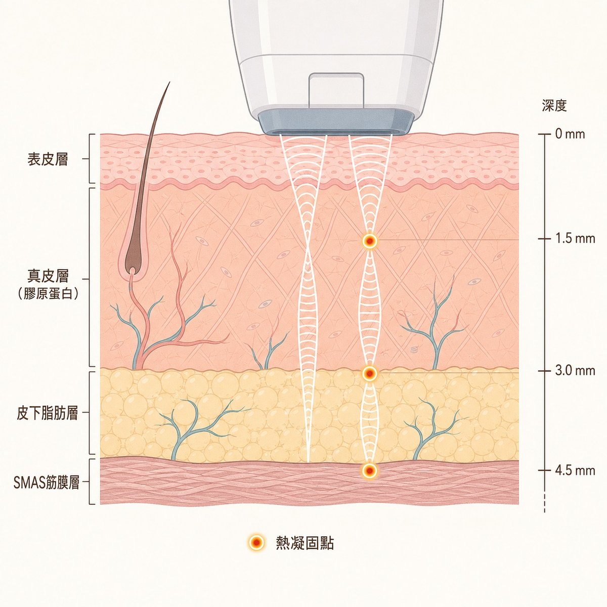 音波拉提HIFU作用深度示意，顯示從表皮至SMAS筋膜層的各層結構與熱凝固點位置