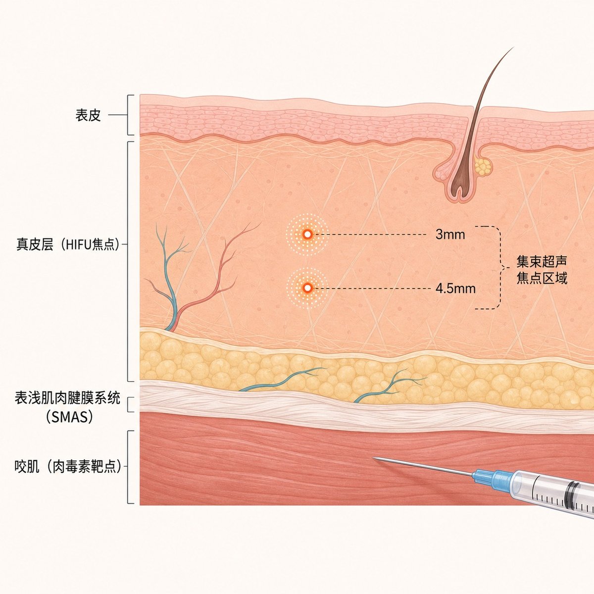 面部下颌区皮肤层次示意，显示HIFU焦点深度与咬肌肉毒素注射位置