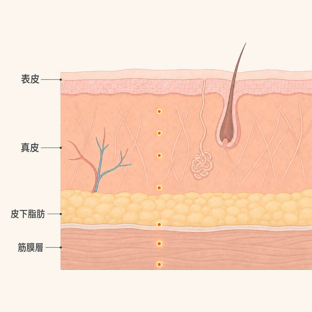 HIFU熱能作用的皮膚內層結構示意圖