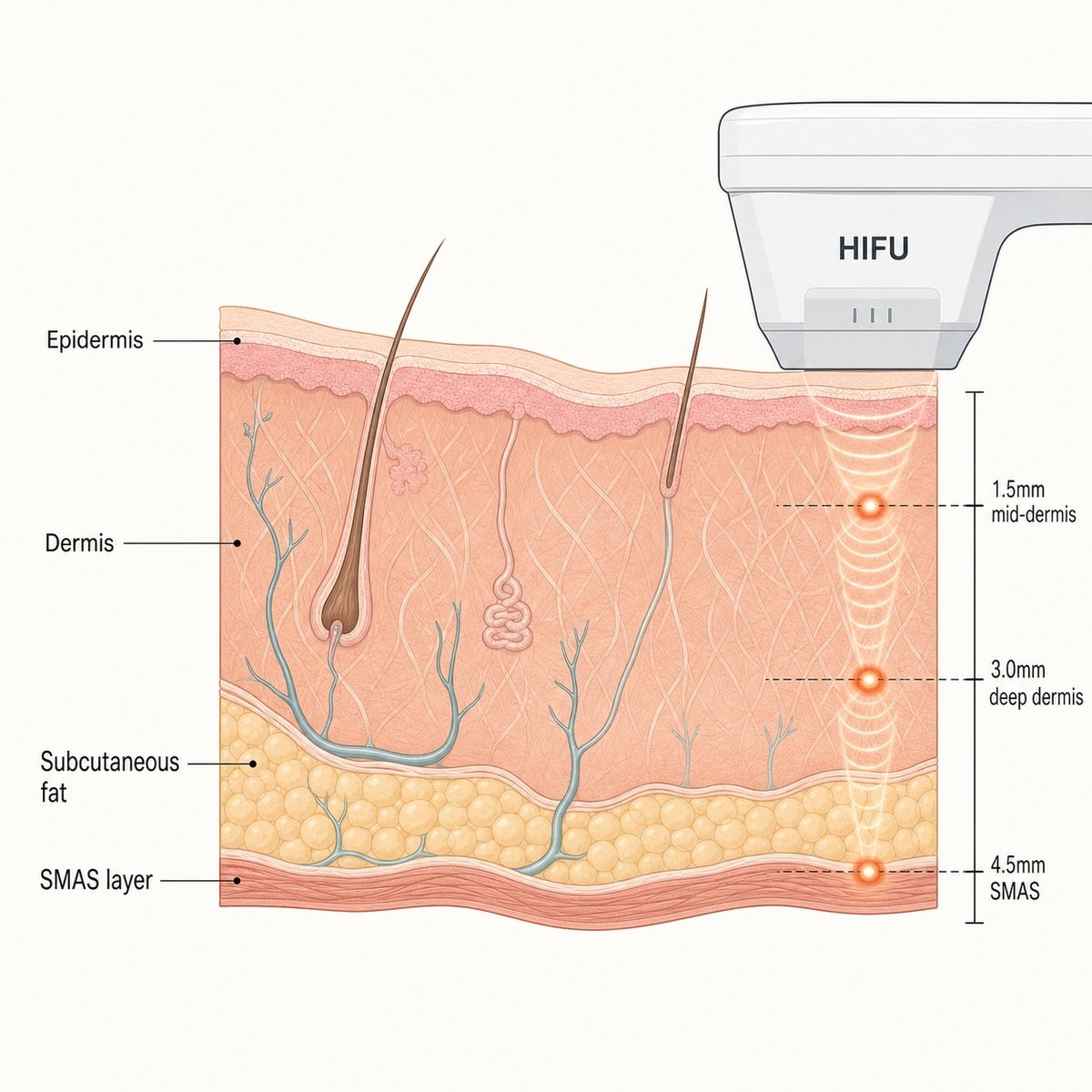 Cross-section diagram showing how Shurink Universe ultrasound reaches the deeper layers of the cheek