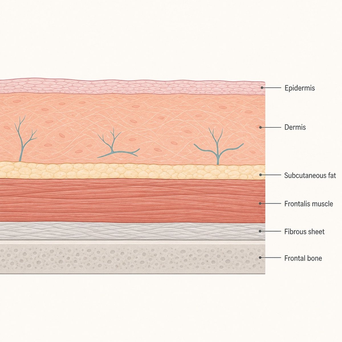 Cross-section of forehead tissue layers from skin down to bone, with a thin fat layer
