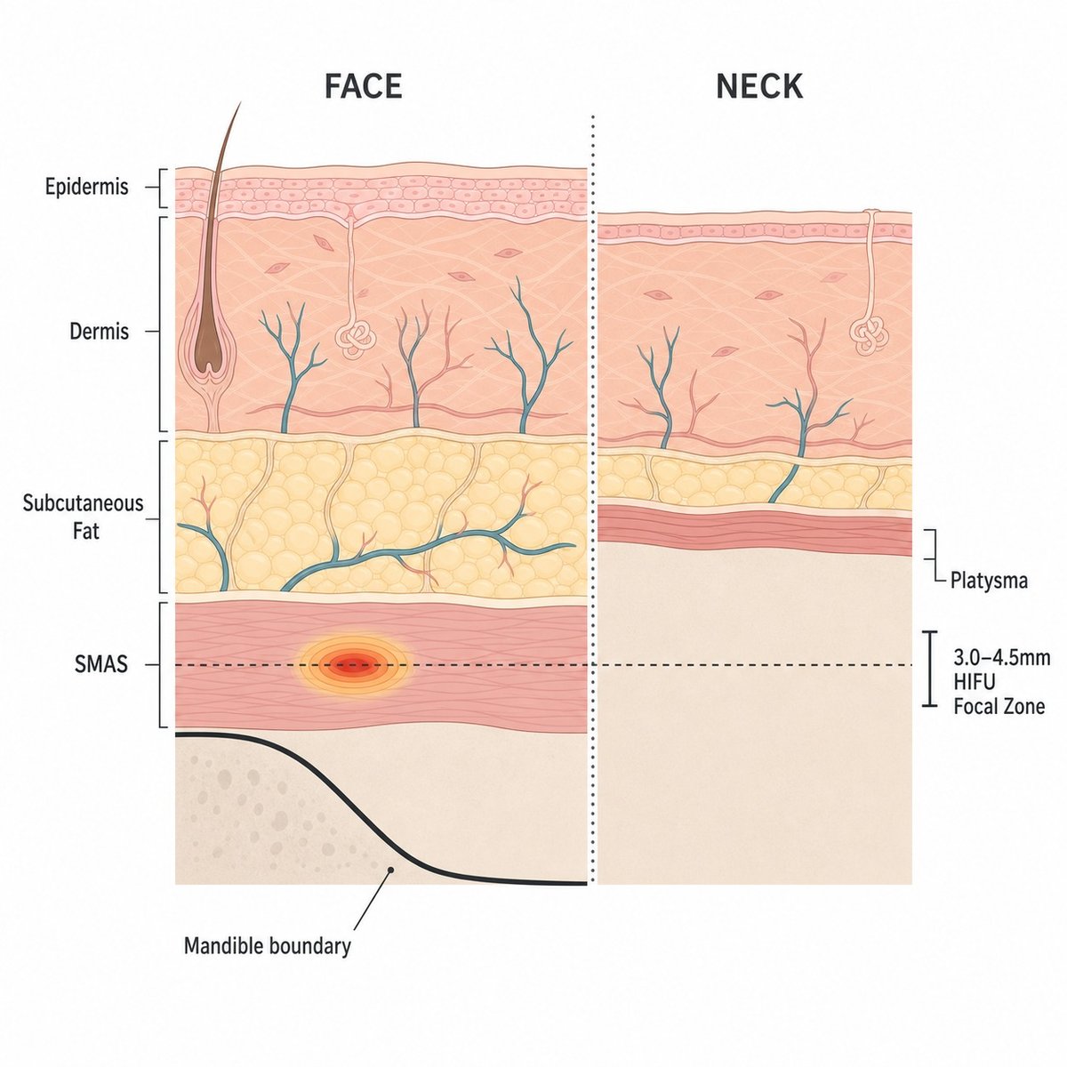Anatomy diagram showing tissue depth differences between face and neck for Shurink Universe HIFU treatment planning