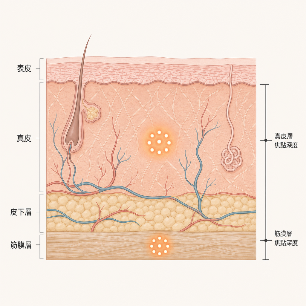 超音波拉提到達的真皮層與深層筋膜的熱凝固點