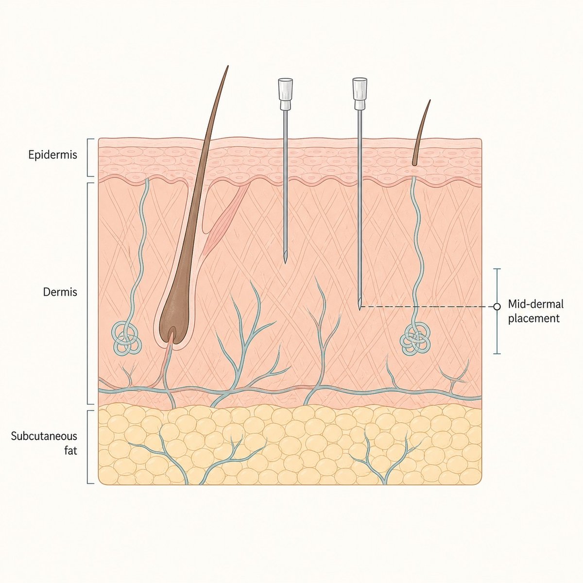 Cross-section of facial skin layers with two needle tracks stopping at different depths in the dermis