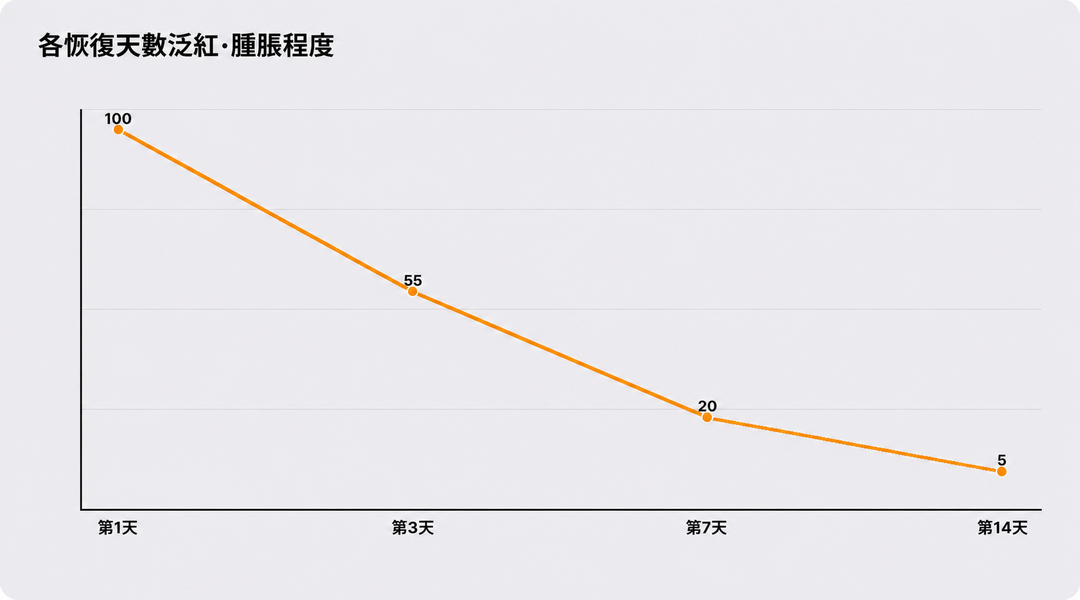 依恢復天數顯示的泛紅與腫脹程度變化