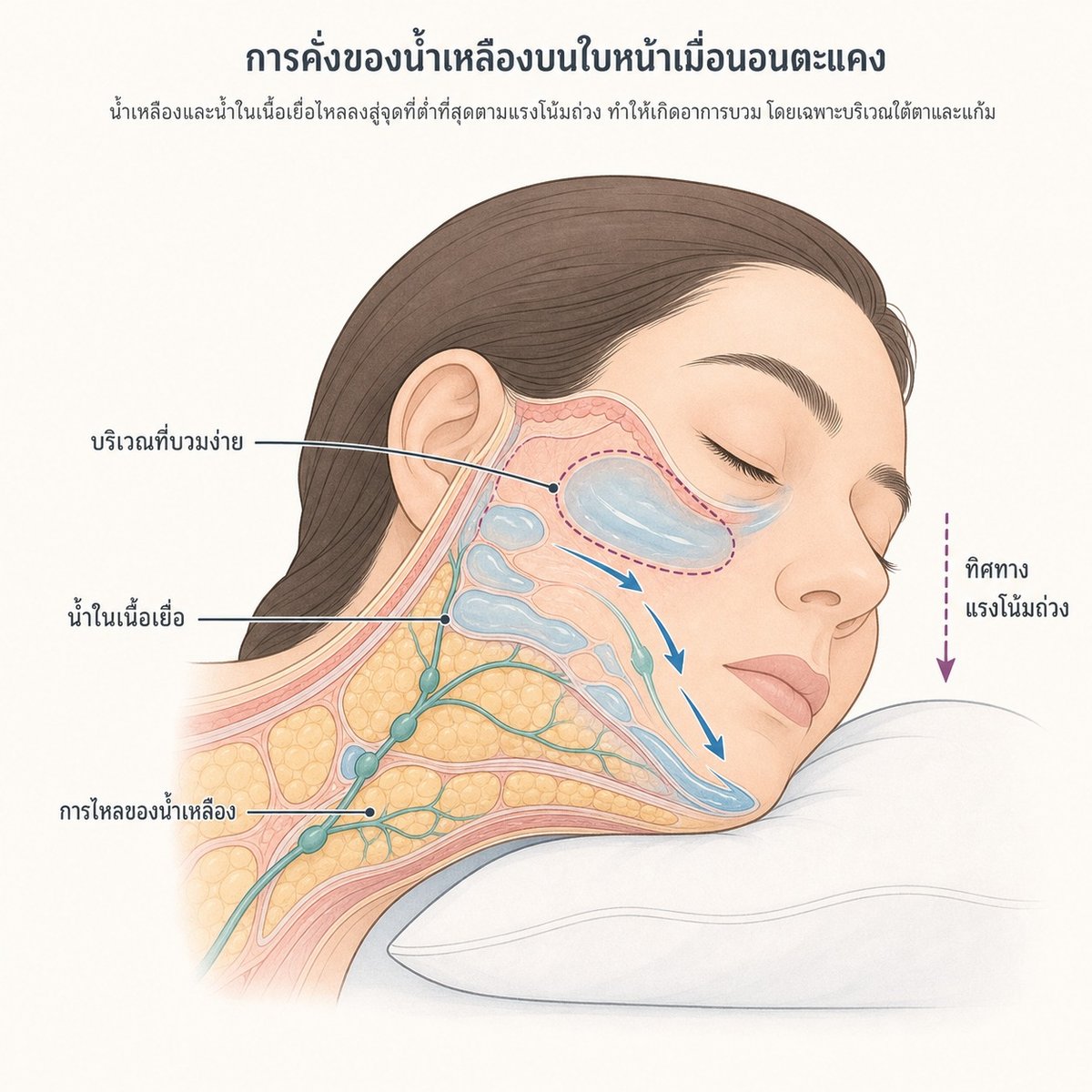 ภาพตัดขวางแสดงว่าการนอนราบทำให้ของเหลวไหลมาสะสมที่ใบหน้าส่วนล่างตามแรงโน้มถ่วง