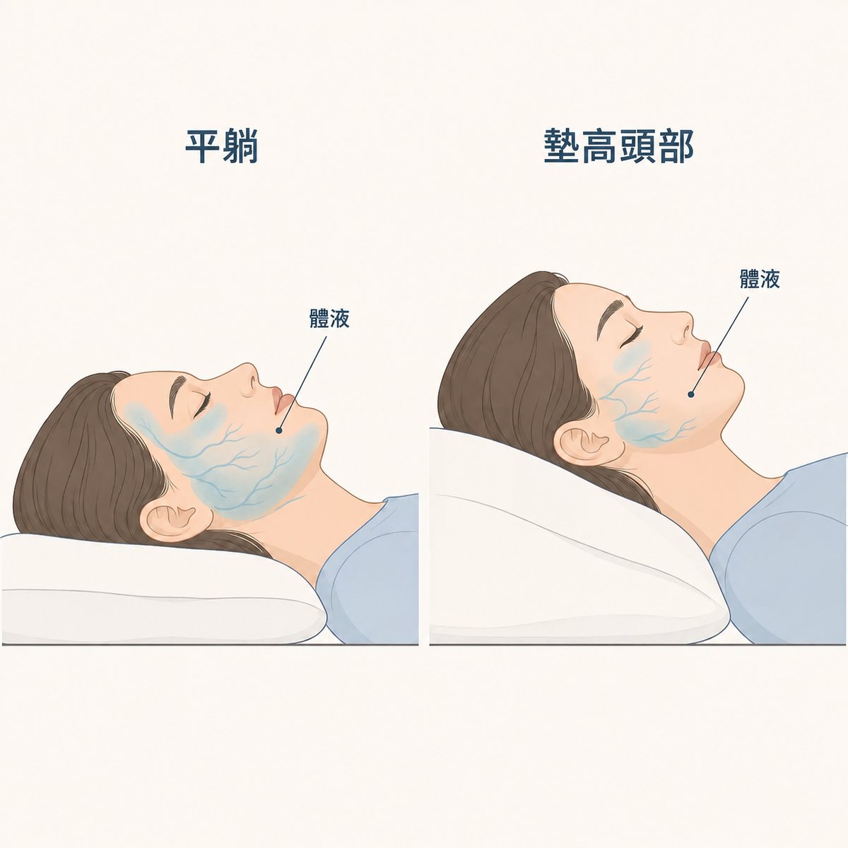 平躺與抬高頭部時臉部體液分佈的差異