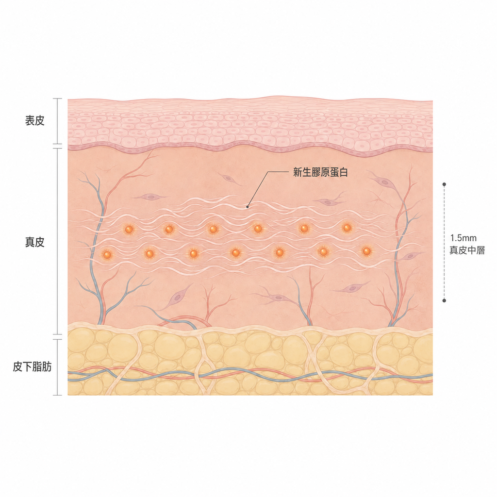 集中在真皮中層的熱凝固點，以及周圍逐漸生成的新生膠原蛋白