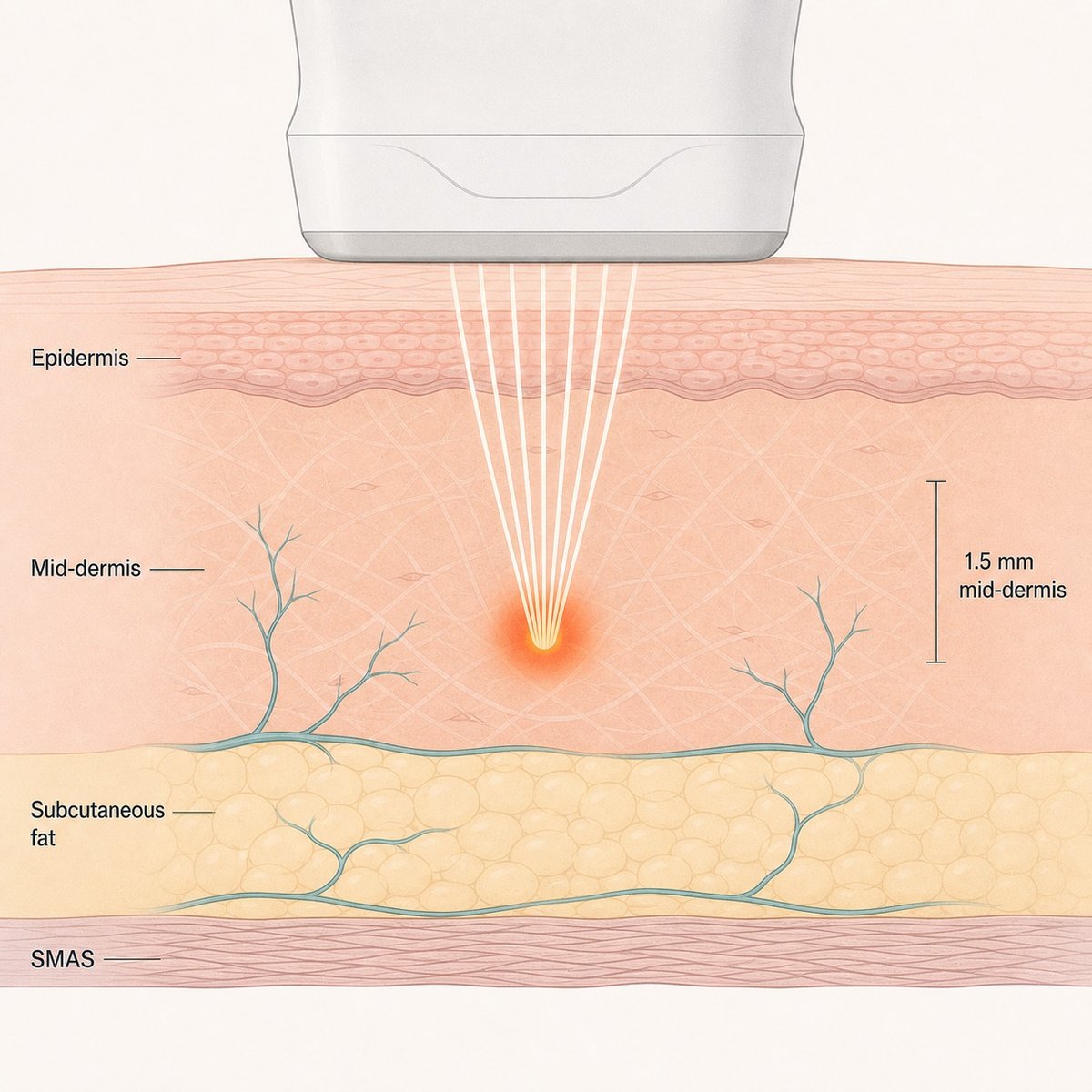 Skin cross-section showing Sofwave ultrasound energy heating the mid-dermis above the SMAS layer