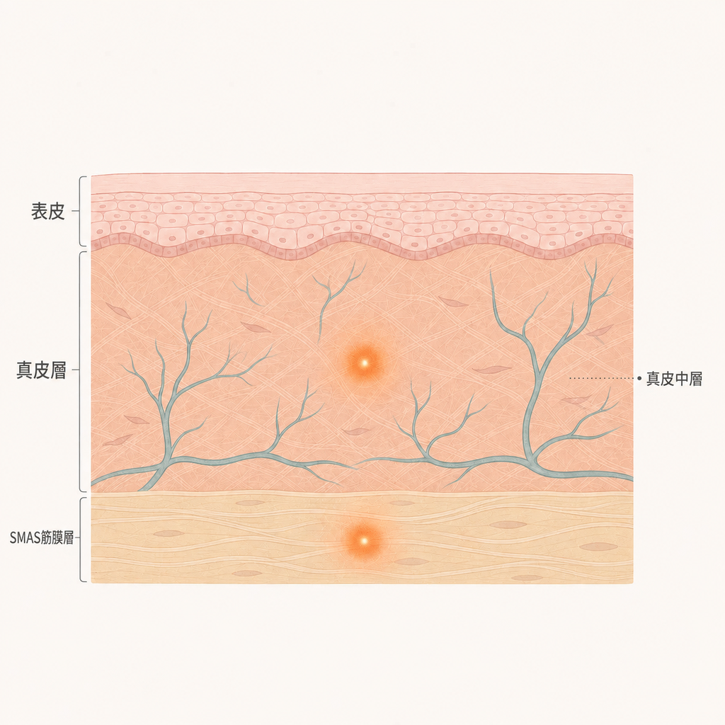表皮、真皮層、SMAS筋膜層與超音波熱能作用深度示意圖