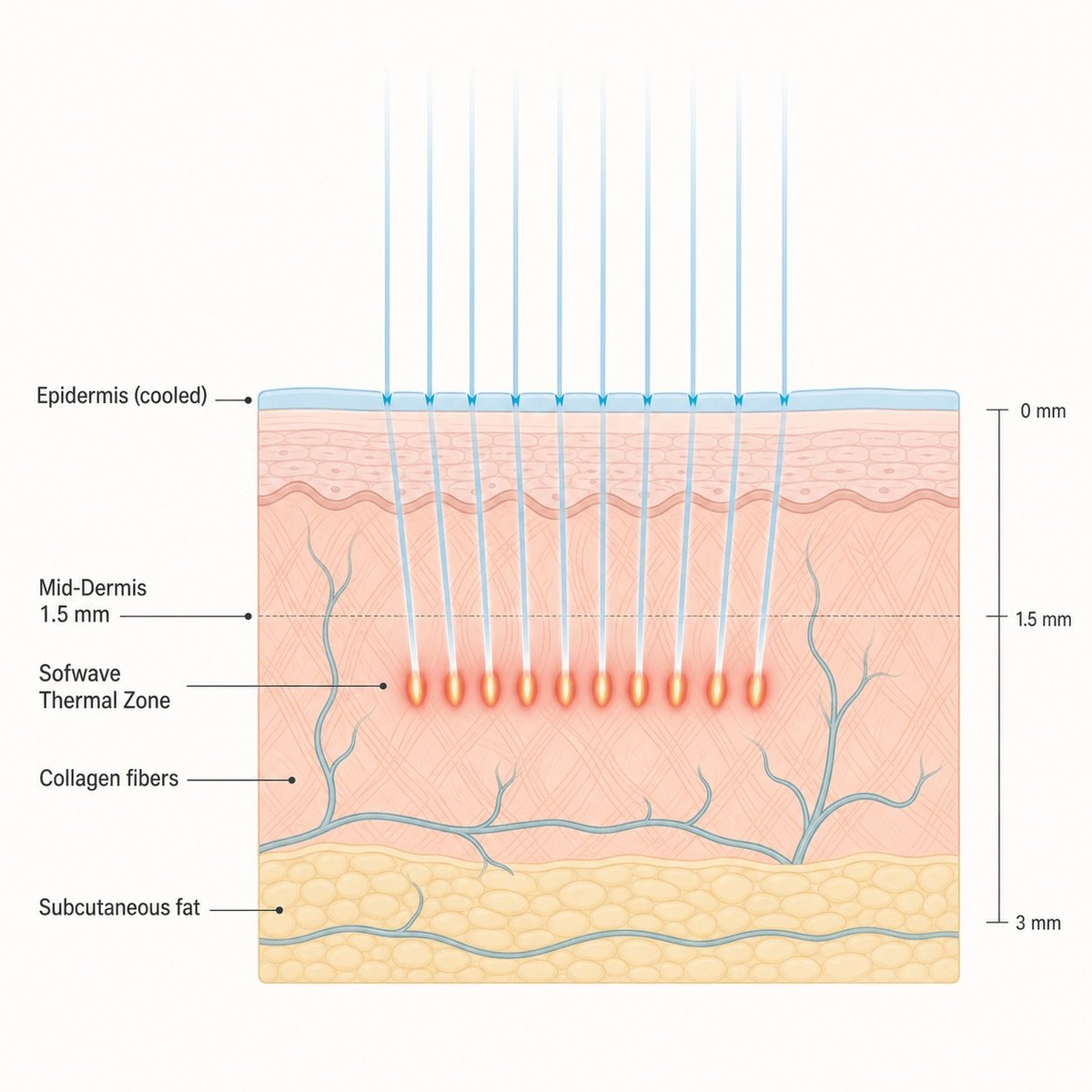 Diagram showing Sofwave ultrasound energy reaching mid-dermis at 1.5 mm depth for jawline lifting