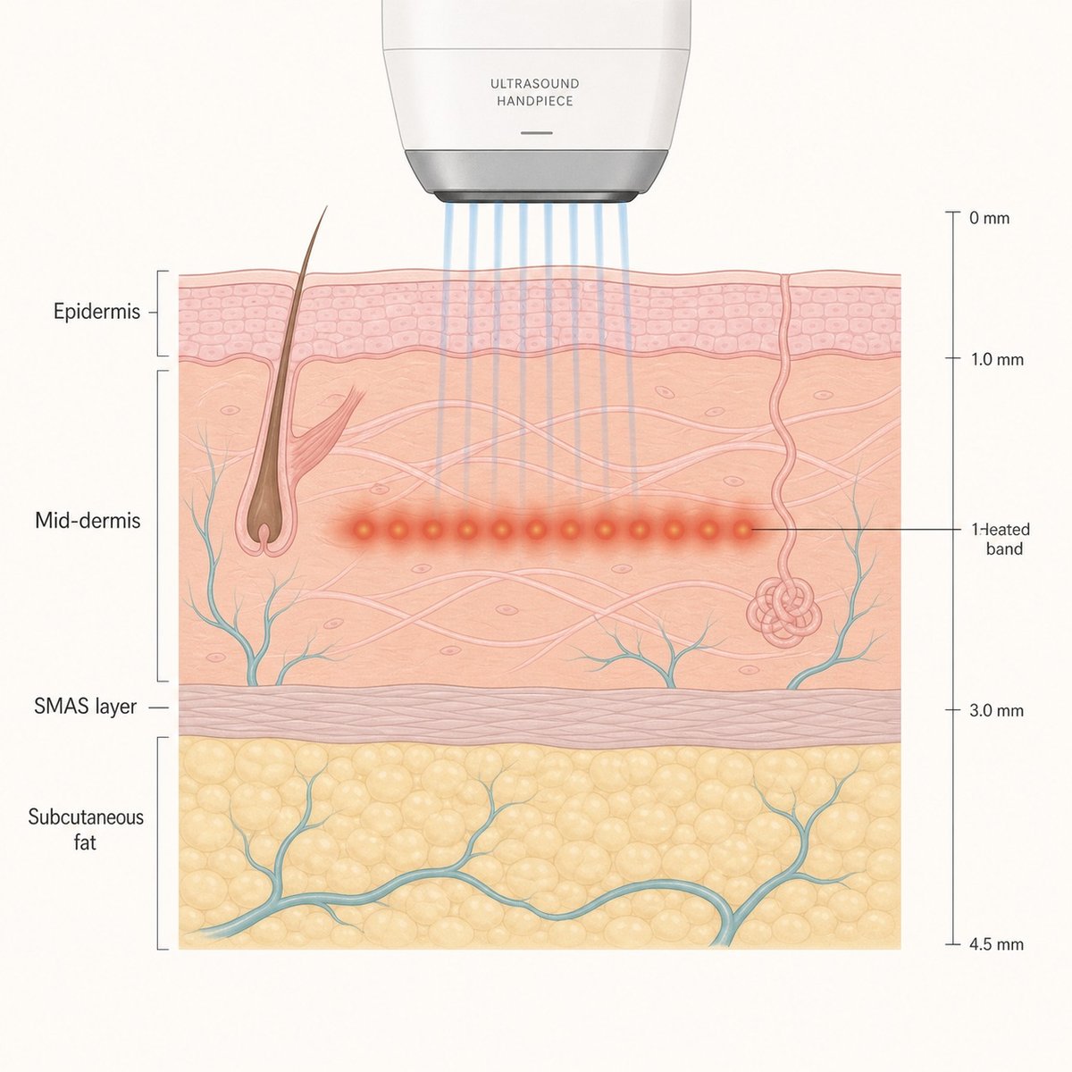 Cross-section diagram of facial skin layers showing the depth at which Sofwave ultrasound heats the mid-dermis