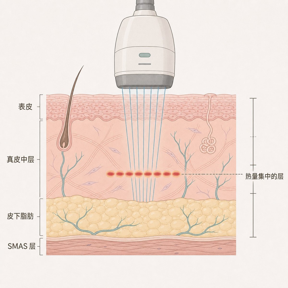 面部皮肤断面图，显示 Sofwave 超声热量集中在真皮中层的深度