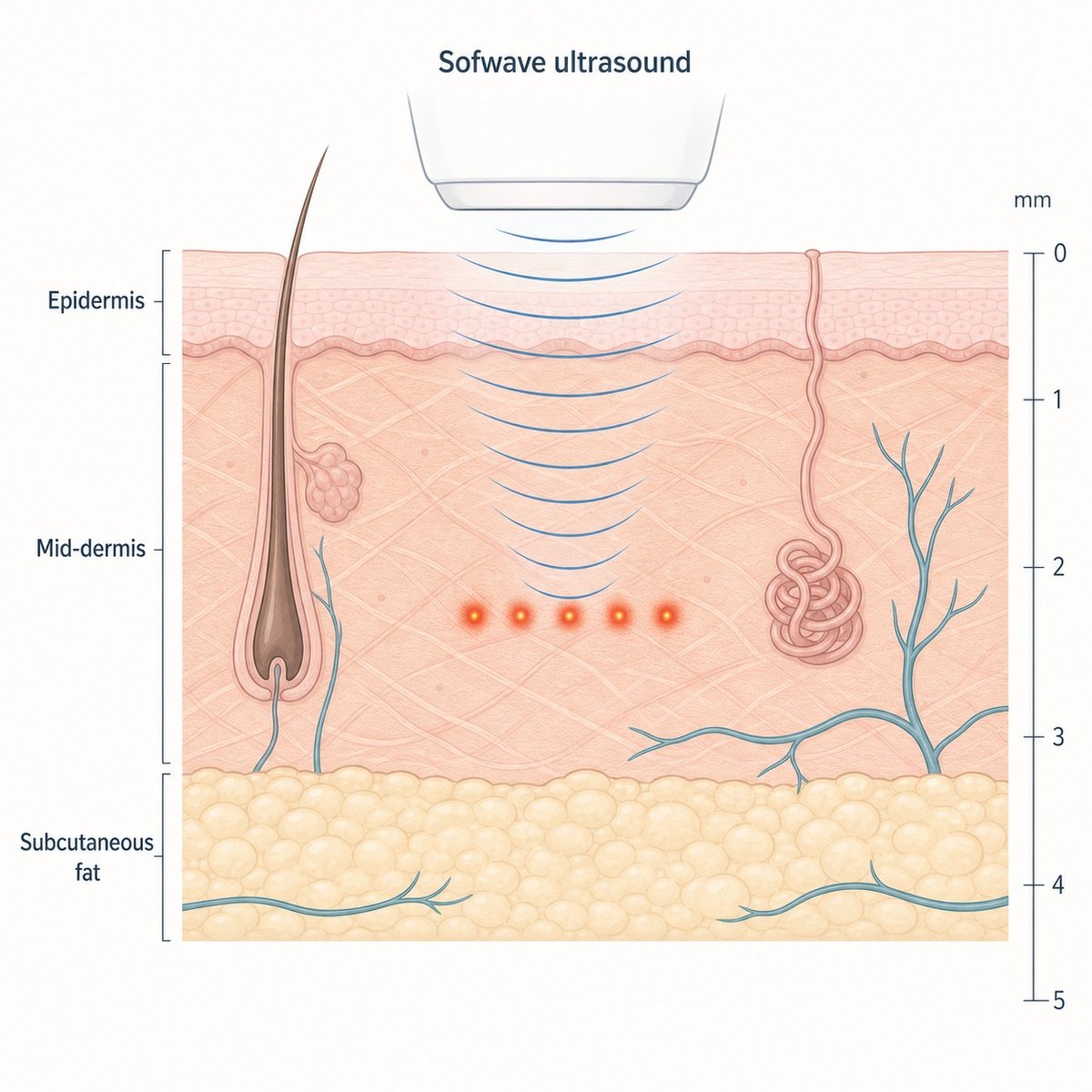 Cross-section diagram showing Sofwave ultrasound reaching the mid-dermis to stimulate collagen