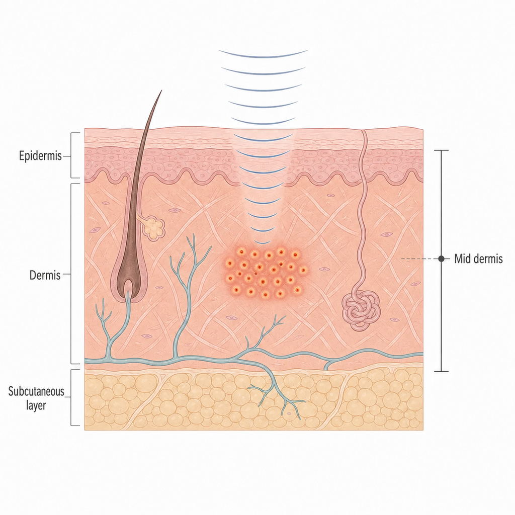 The depth at which ultrasound energy is focused in the mid-Dermis