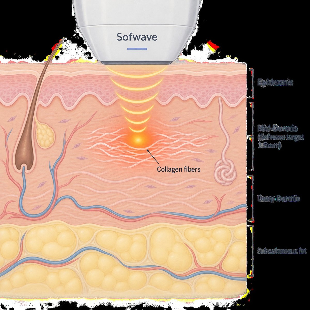 Diagram showing Sofwave ultrasound delivering heat to the mid-dermis to stimulate collagen remodeling