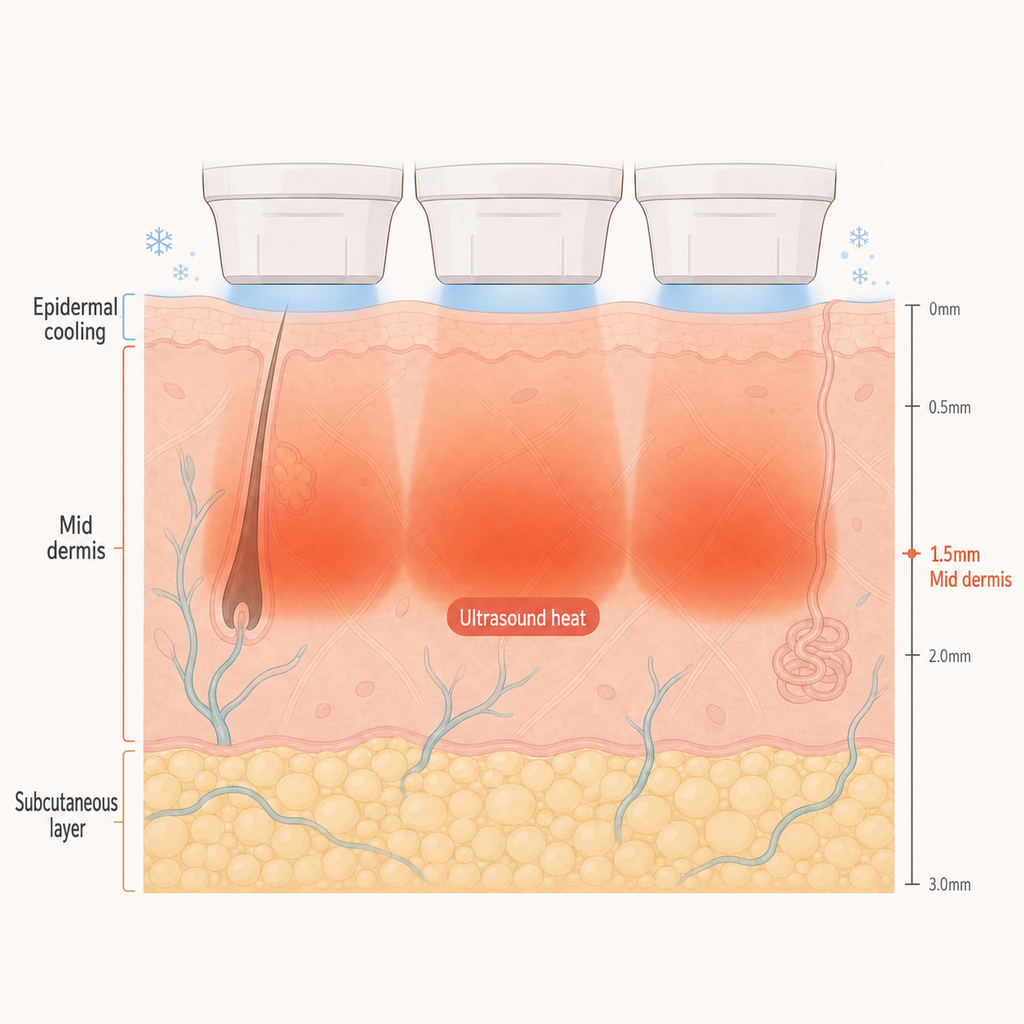 Sofwave cools the epidermis while concentrating heat in the mid-Dermis